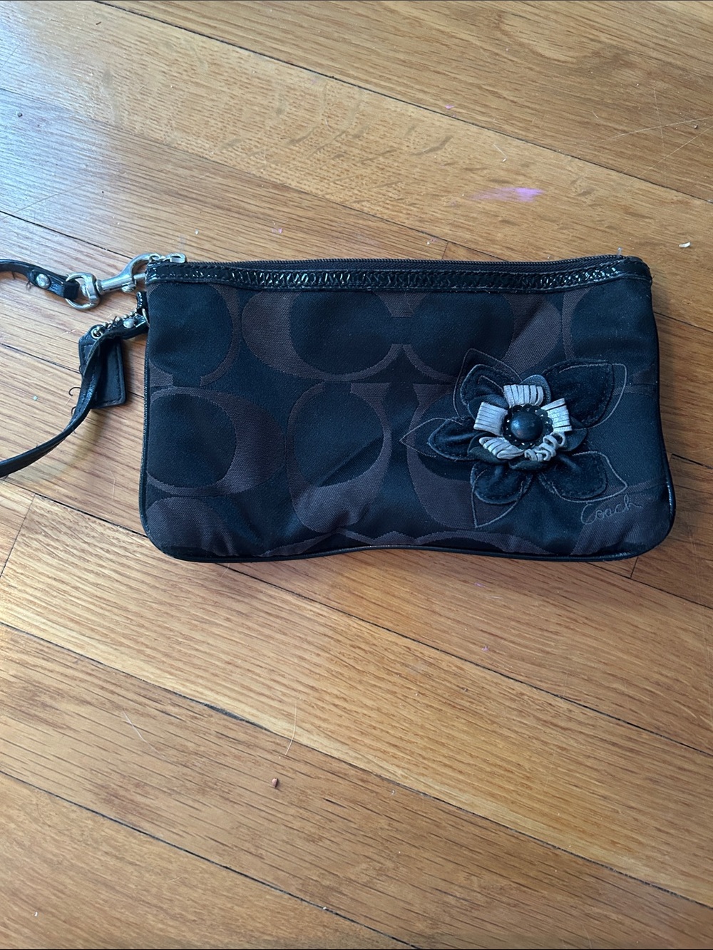 Coach Black Signature Floral Appliqué Wristlet